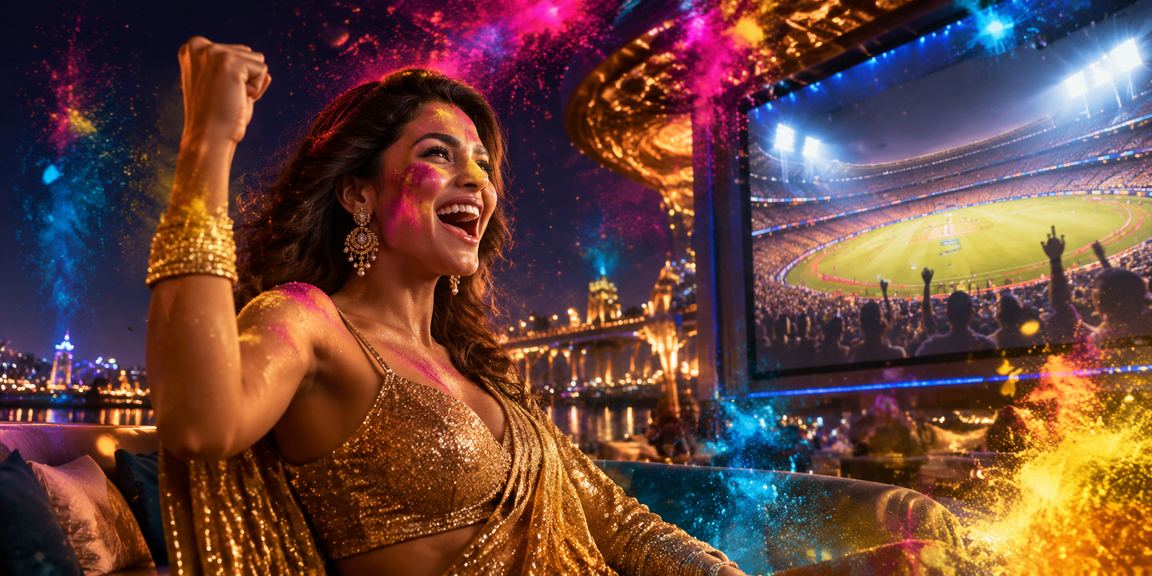 Joyful Indian players celebrating around casino in festival colors