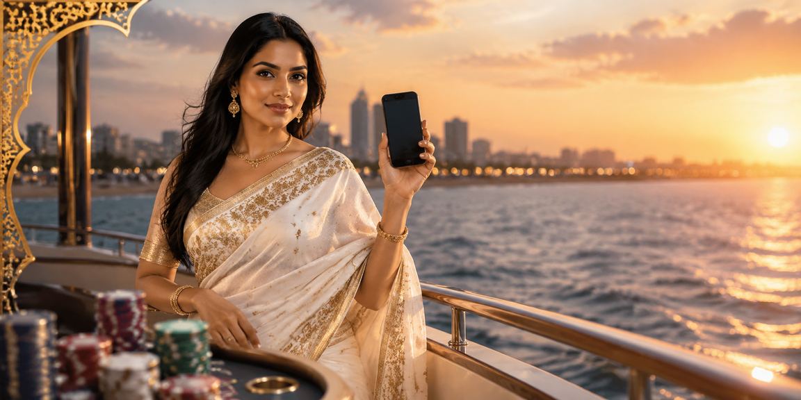 Female player enjoying mobile Andar Bahar casino app on Chennai Marina beach